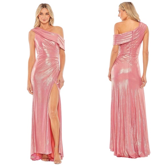 Mac Duggal Metallic Coral Off The Shoulder Ruched Waist Slit Gown Size 14